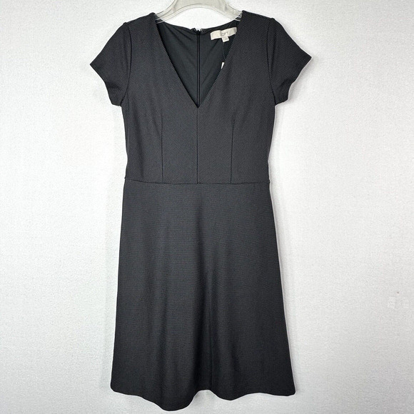 Loft Dress 2 Black Ribbed Fit and Flare Tie Back V Neck Short Sleeve Work NEW - Picture 1 of 10